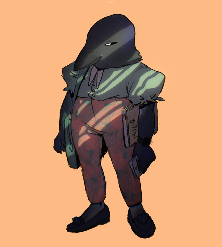 A raven woman, very suspicious, in the shadows carrying some papers.