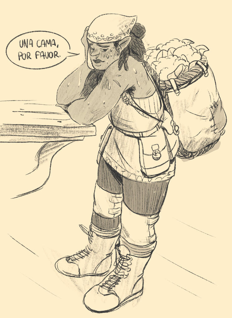 A traveller exhausted from her journey waits to be attended at an inn.