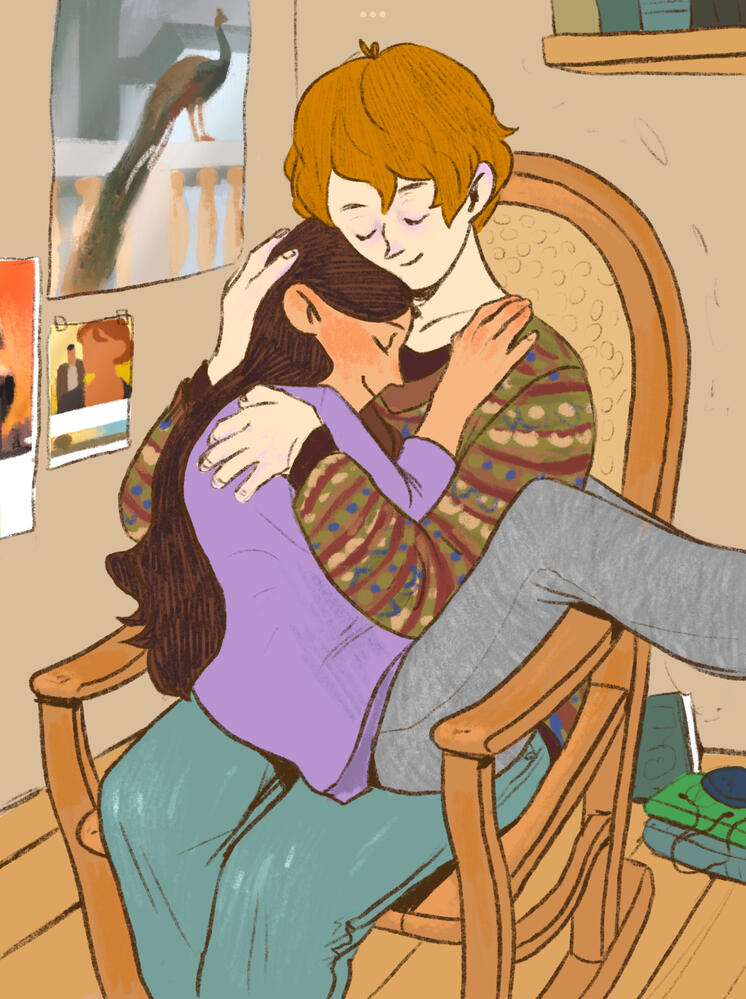 Edward and Bella from Twilight, resting on the rocking chair, hugging.