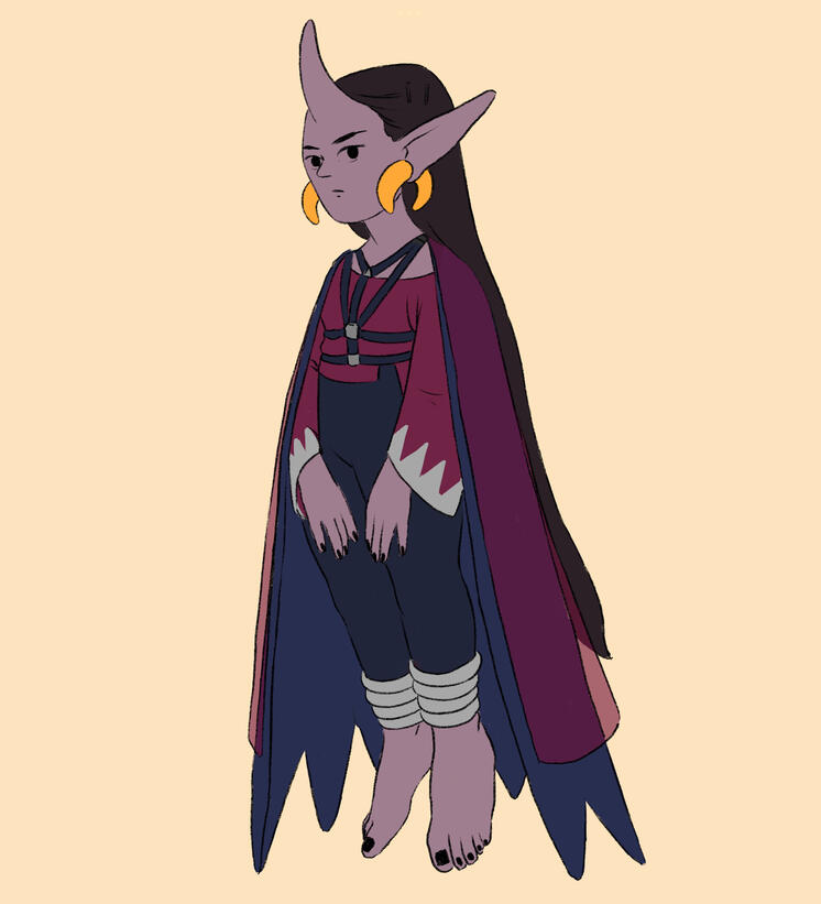 An evil with, with a horn and spiky ears, wearing a purple cape.