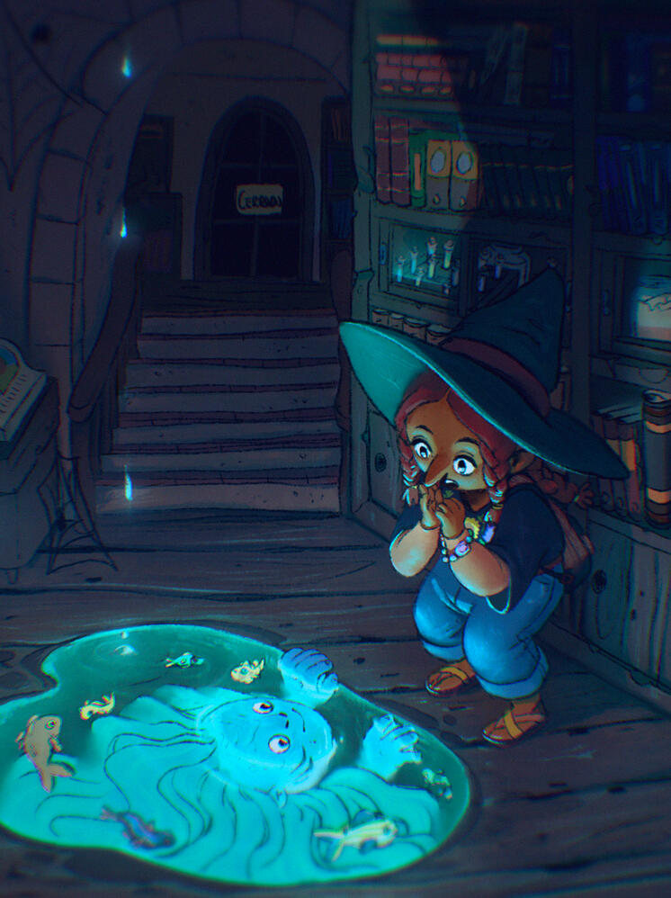 A little witch in a library at night. There is a leak which formed a puddle, in the puddle there is a lady fish who watches amused the surprised witch.