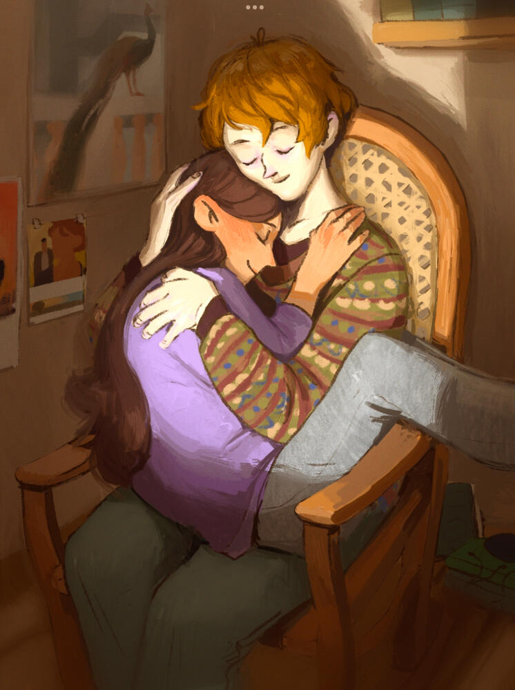 Edward and Bella from Twilight, resting on the rocking chair, hugging.