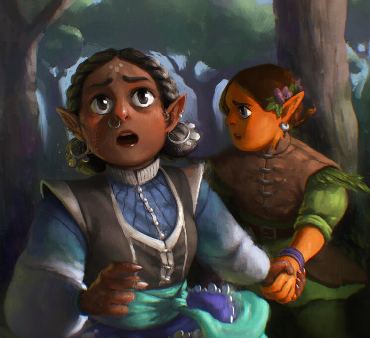 Two friends, Bellota and Nebulosa (both elven), running away from some bad people.